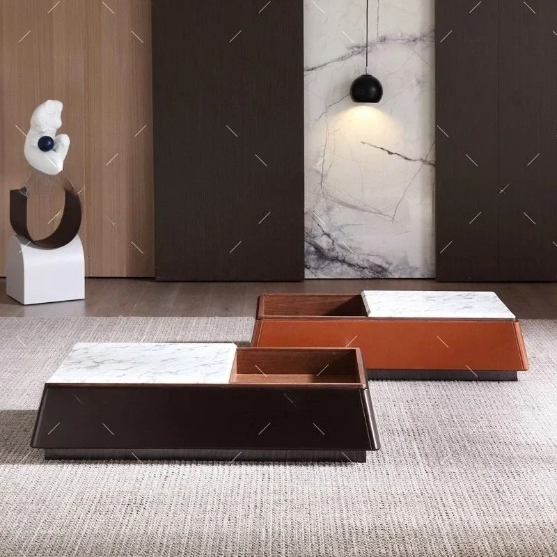 A Minimalist natural marble medium white square few villa model room with combination color matching coffee table