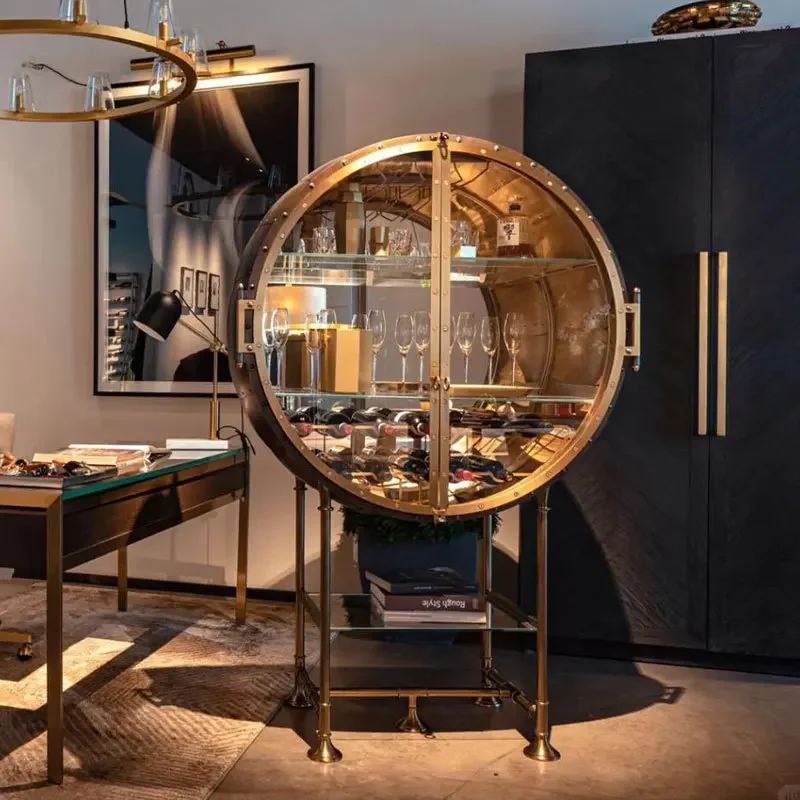Light luxury stainless steel high-end wine cabinet, round designer villa large flat-floor living room