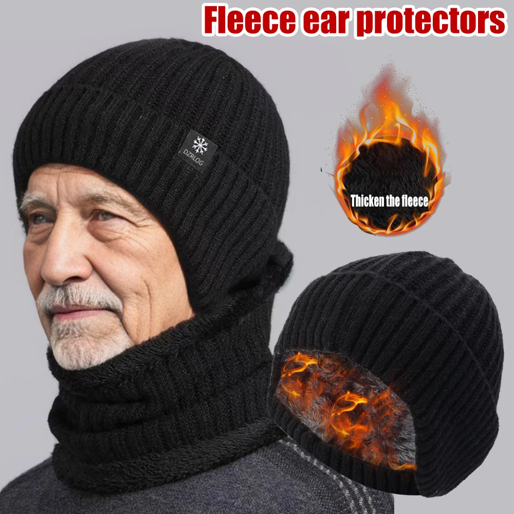 Men\'s Winter Beanie Hats Thicken Warm Knitted Ear Protection Skullies Beanies Wool Neck Scarf Cap Outdoor Sports Scarf Hat Set