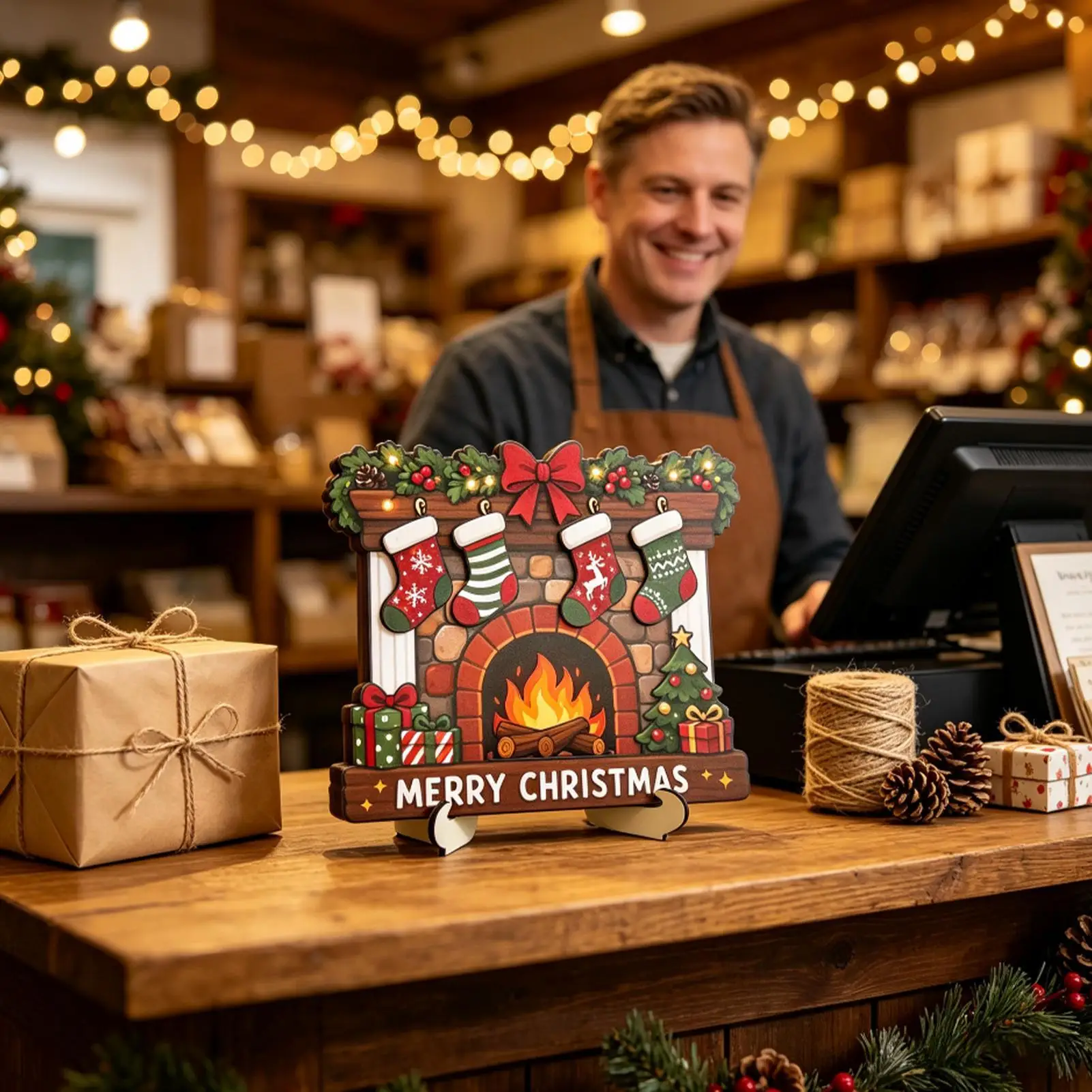 Christmas Table Signs 3D Effect Vintage Wood Block Home Decoration Wooden Sign Bedroom Living Room Mantel Shelf Desk
