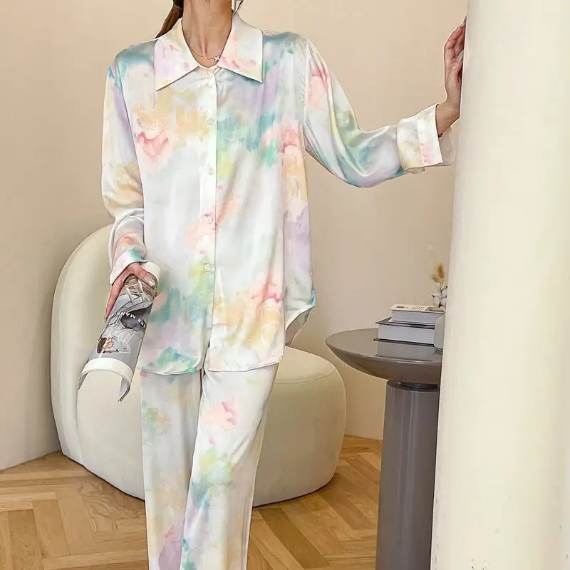 Loose Pajamas Suit Spring Summer Pyjamas Home Clothes Women Silky Satin Sleepwear Nightwear Casual Elastic Waist Trousers Set