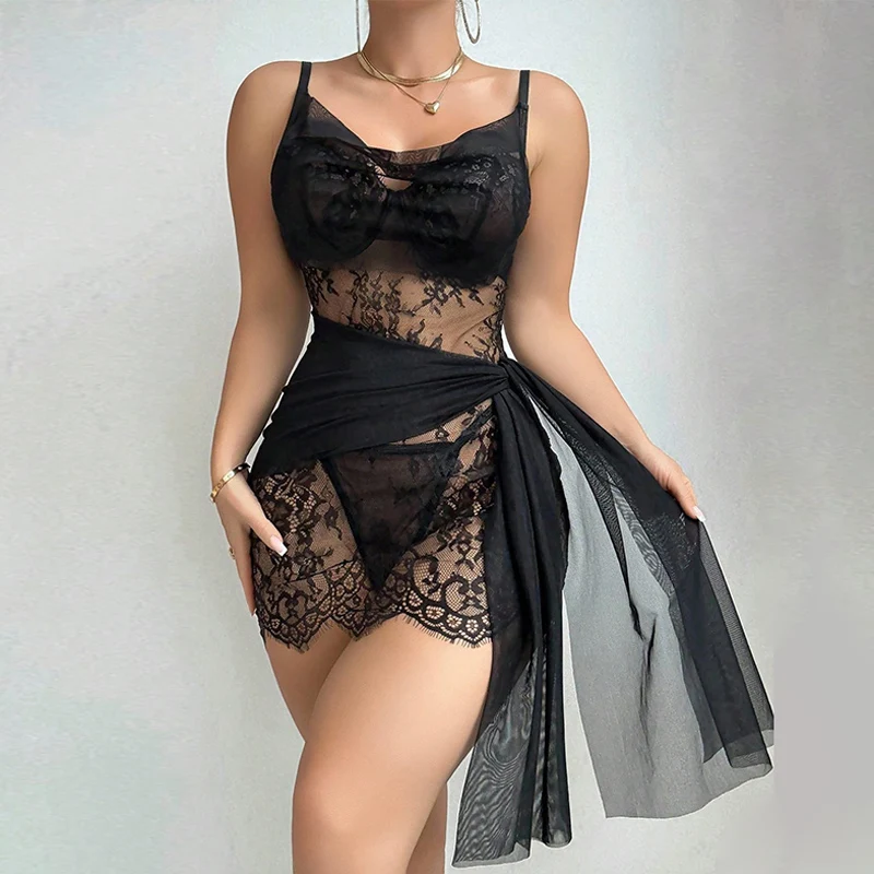 

Romantic Lace Sleepwear Hollow Bodycon Pajamas Dress Women Sleeveless Slip Nightdress Charming Home Clothes Short Sexy Nightgown