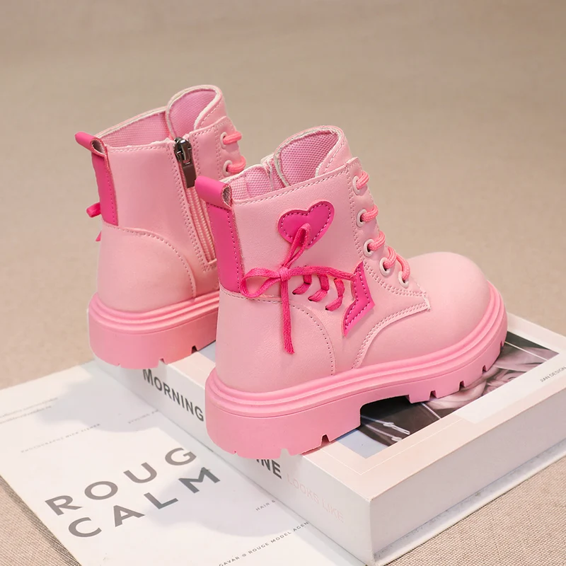 Children Fashion Boots Girls Ankle Boots Pink Elegant Zipper Cool Love Pattern Kids Princess Leather Boots Non-slip Size 26-37