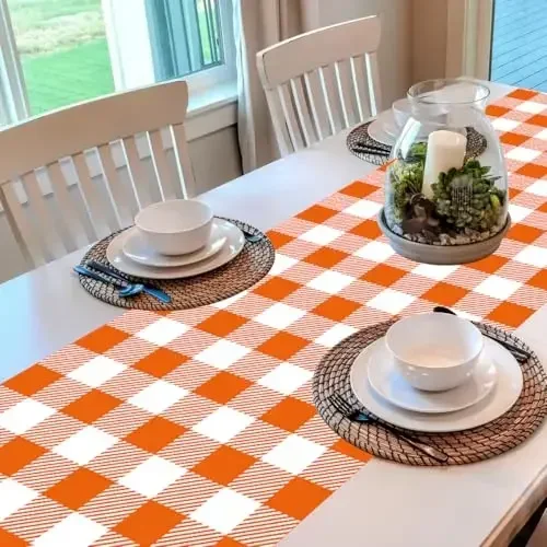 Orange Gingham Table Runner Buffalo Plaid Printed Cloth Polyester Long Placemat Autumn Fall Thanksgiving Party Dinner Decor