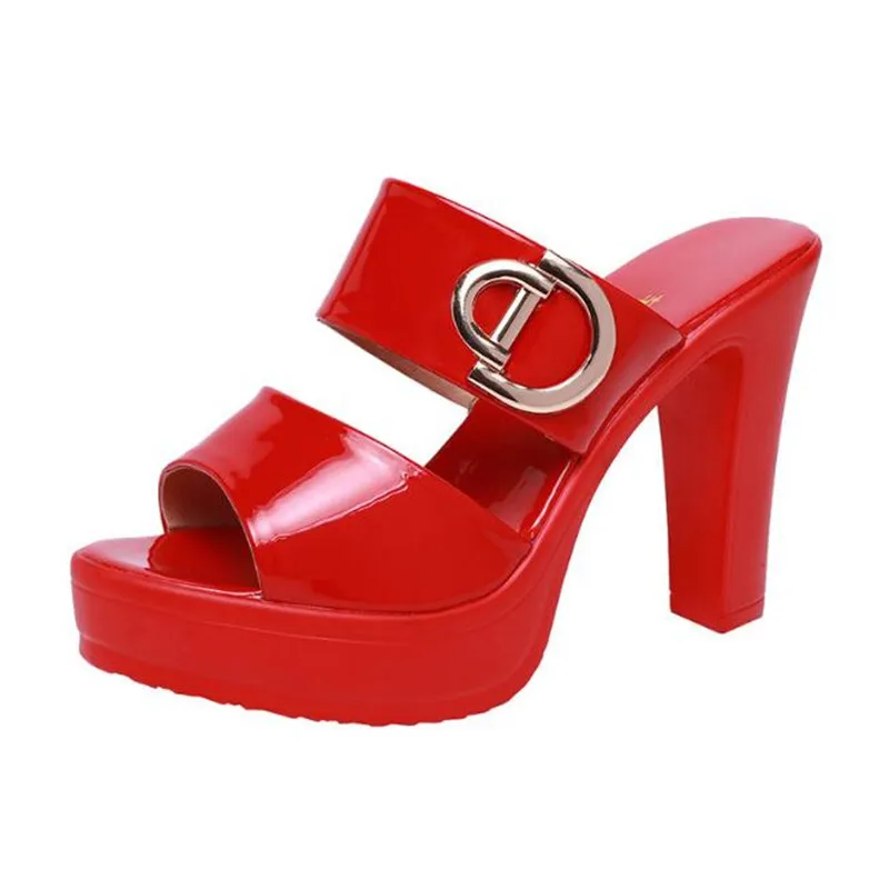 High heels Platform Slippers Summer Shoes  Solid High Heels Slides Women Office OL Fashion Big Size 32-43 Open Slippers