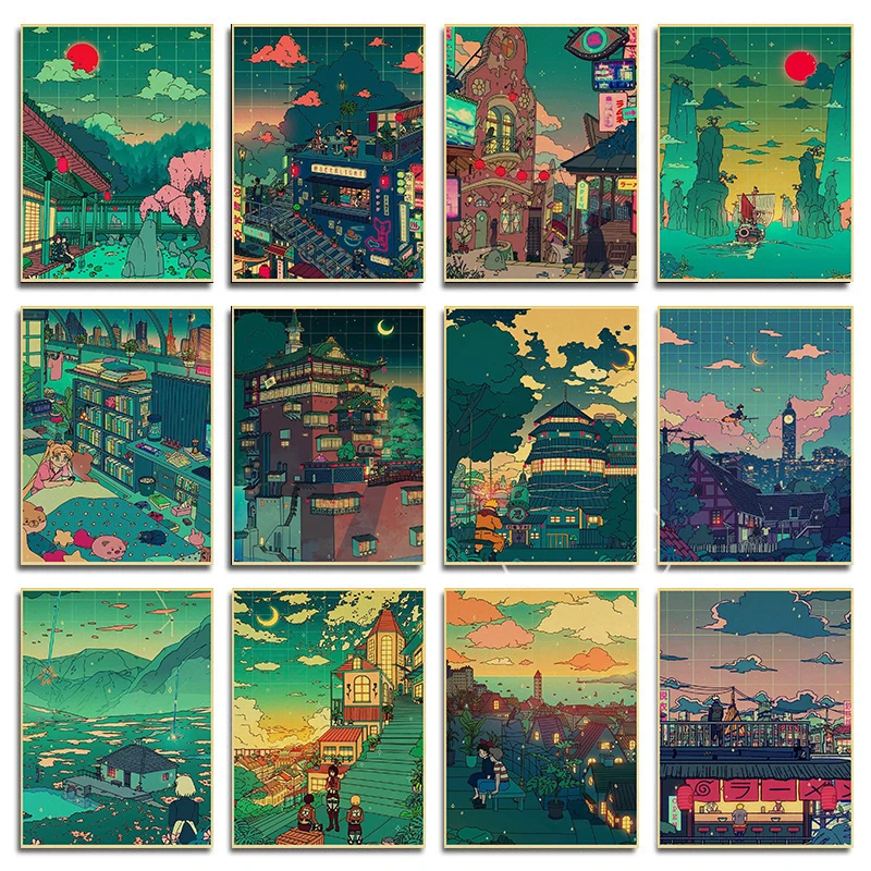 Modern Retro Mix Anime Lanscape Cityscape Countryside Green Painting Canvas Poster Home  Art Decor Cartoon Painting Fashion