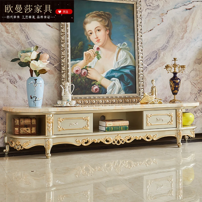 Living room furniture European coffee table TV cabinet combination of solid wood marble face TV cabinet champagne gold