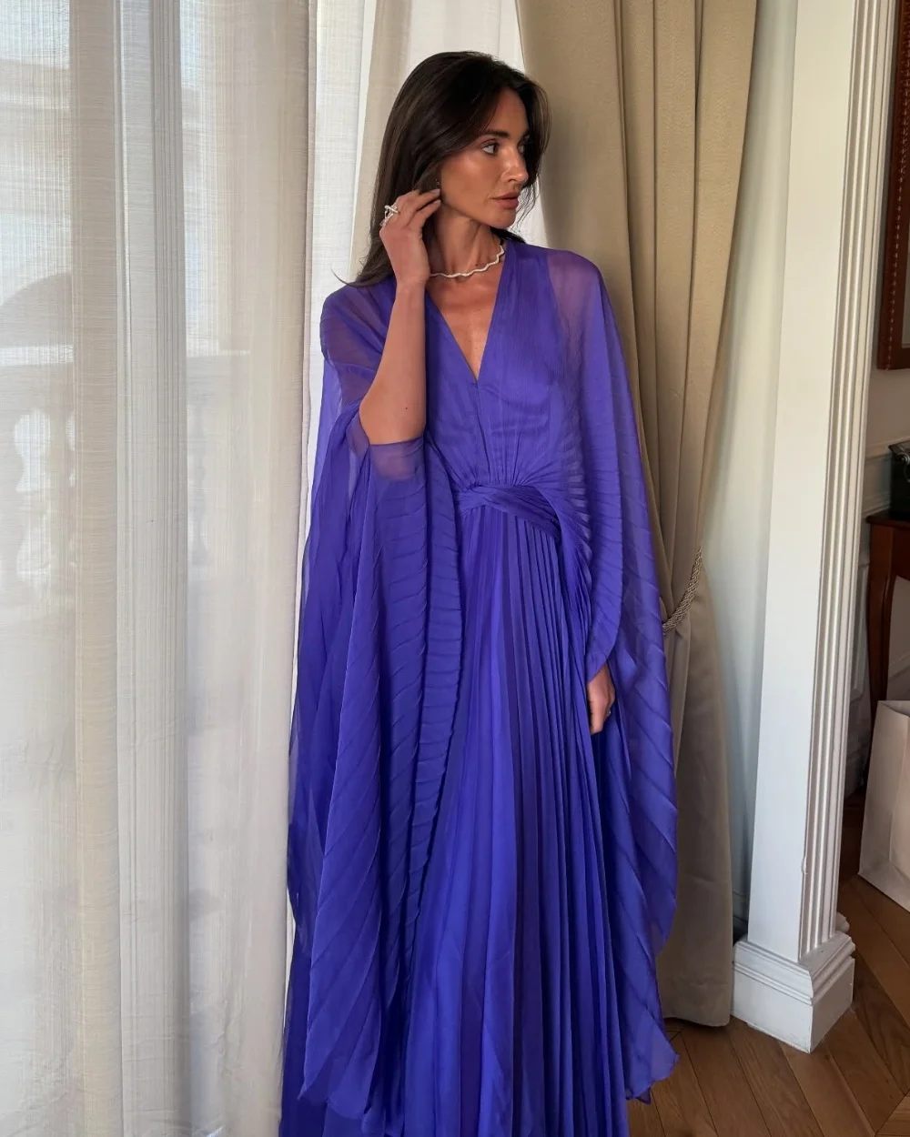 Customized Matching Fashion Chiffon Pleat Ruched Draped A-line V-neck Long Dresses for Woman Evening Dresses Chinese Style