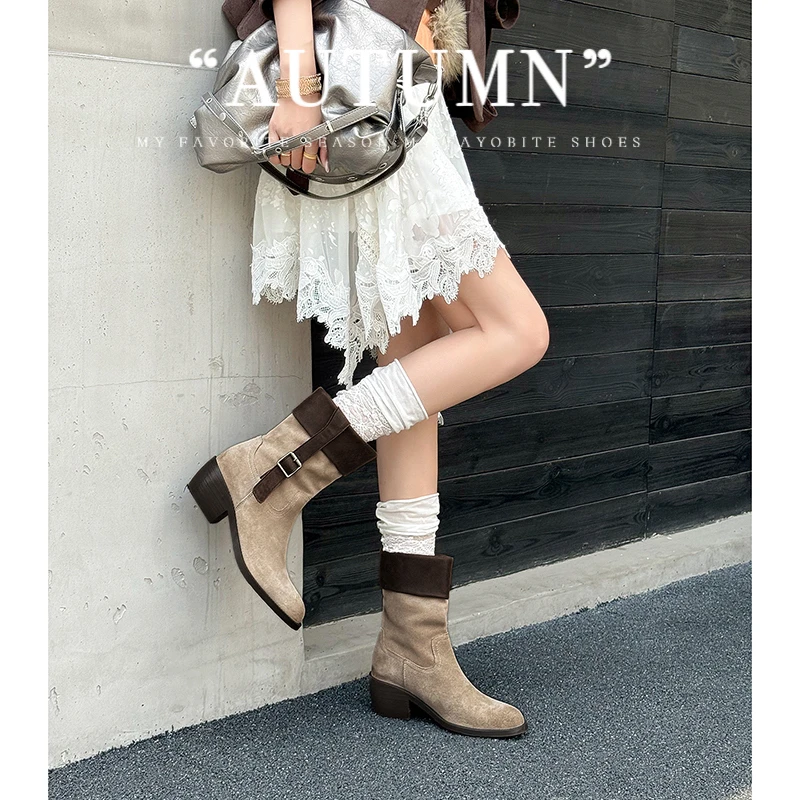 2026 new autumn winter women ankle boots natural leather 22-25cm cow suede+cowhide+pigskin/plush belt buckle women short boots