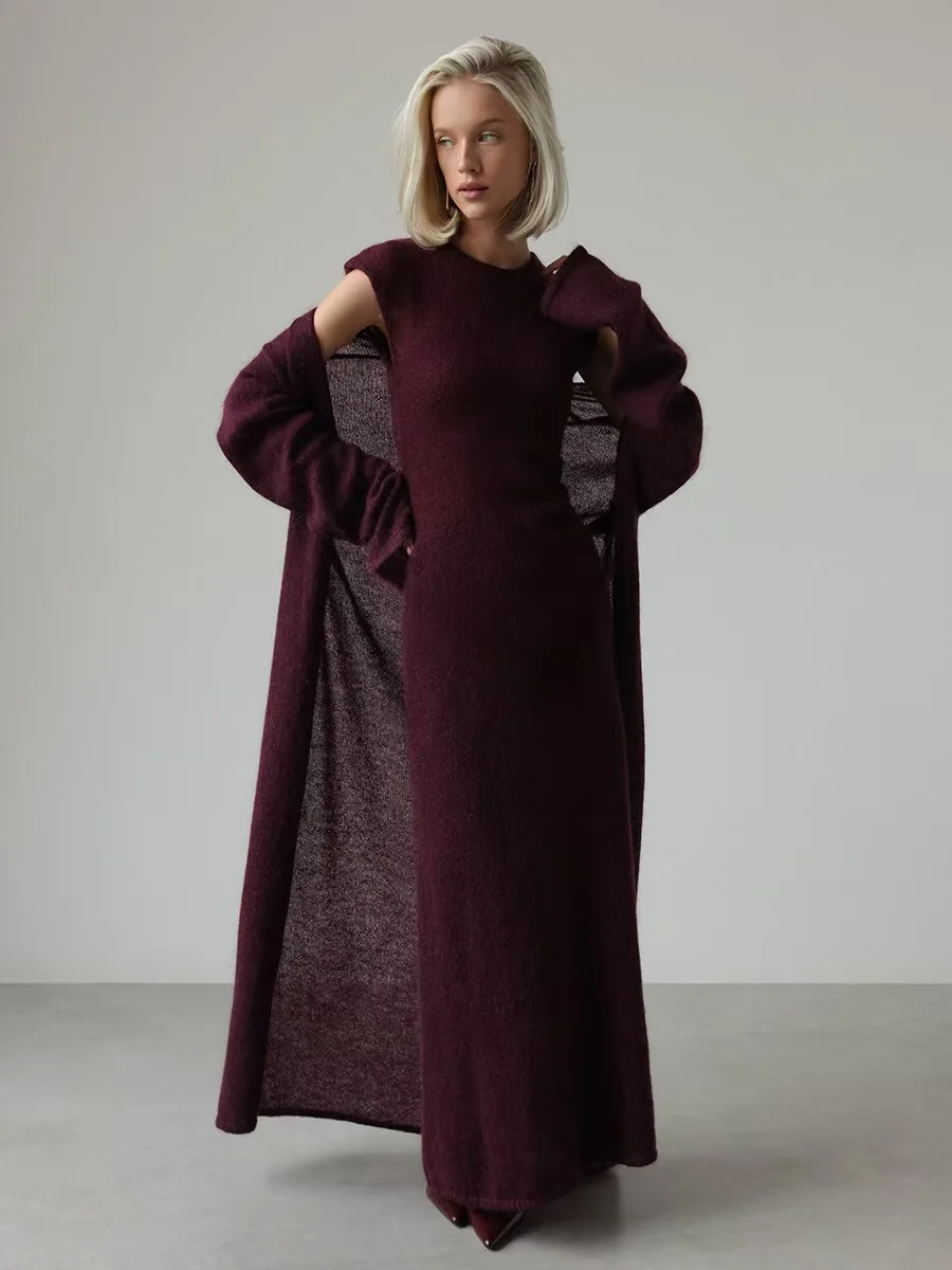 

Faionable Knitted Long Sve Open Cardigan Dr Set Slim Fit High Waist A-Line Skirt Daily Wear round Ne Two-Piece Suit