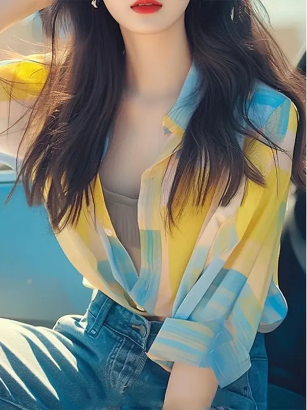 Il top unico ed elegante sembra una fantastica camicia gialla con protezione solare, nuovo stile estivo da donna