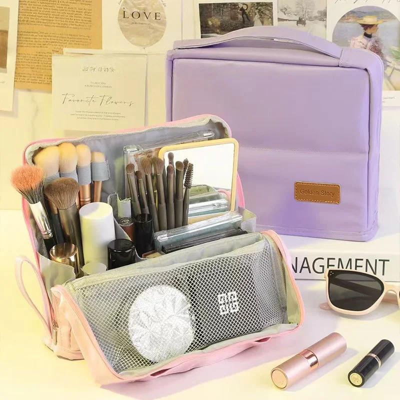 Large Capacity Makeup Bag Simple PU Leather Large Brush Bag Standing Portable and Multi Functional Travel Storage Bag