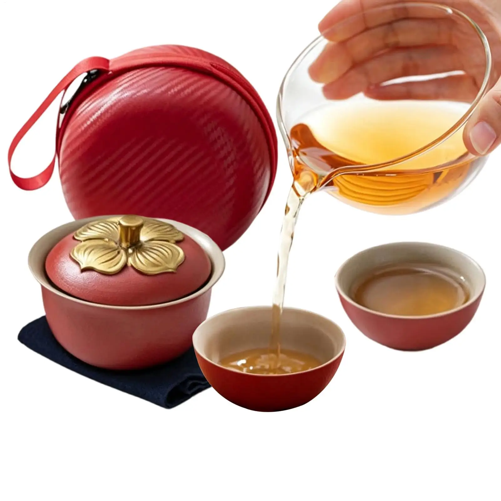 Chinese Tea Set Persimmon Set Ceramic Travel Bag Orange Shaped Porcelain Teapot With Stackable Tea Cups Teapot For Picnics