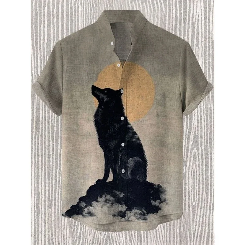 Men's Japan Sunset Raccoon Samurai Art Short Sleeve Linen Blend Shirt Cool Fox Blouses Summer Stand Collar Shirts Hawaiian Tops