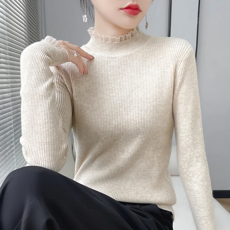 Autumn Winter Mock Neck Cashmere Sweater Women Solid Knitted Casual Slim Pullover Fashion Cashmere Simple Chic Jumpers