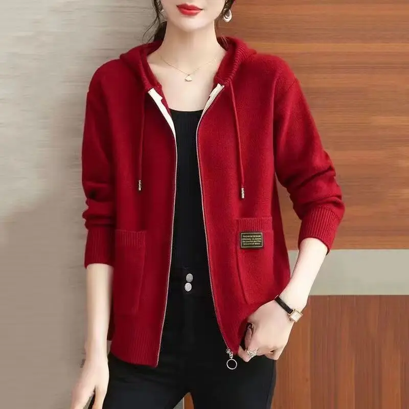 Hooded Knitted Cardigan Sweater Jacket Women\'s Spring Outfit New Fashion Outfit with Casual Mom Jacket Women\'s Hat Sweater