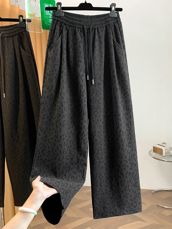 Stunning Floral Embroidery Leopard Print High Waist Wide Leg Pants Women's Autumn Winter Loose Fit Casual Long Trousers