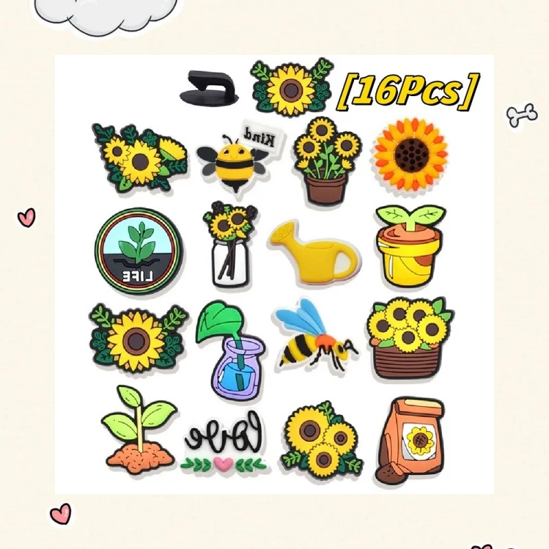 

16Pcs sunflower series shoe decorations cartoon shoe accessories wooden clogs buckle ornaments gifts