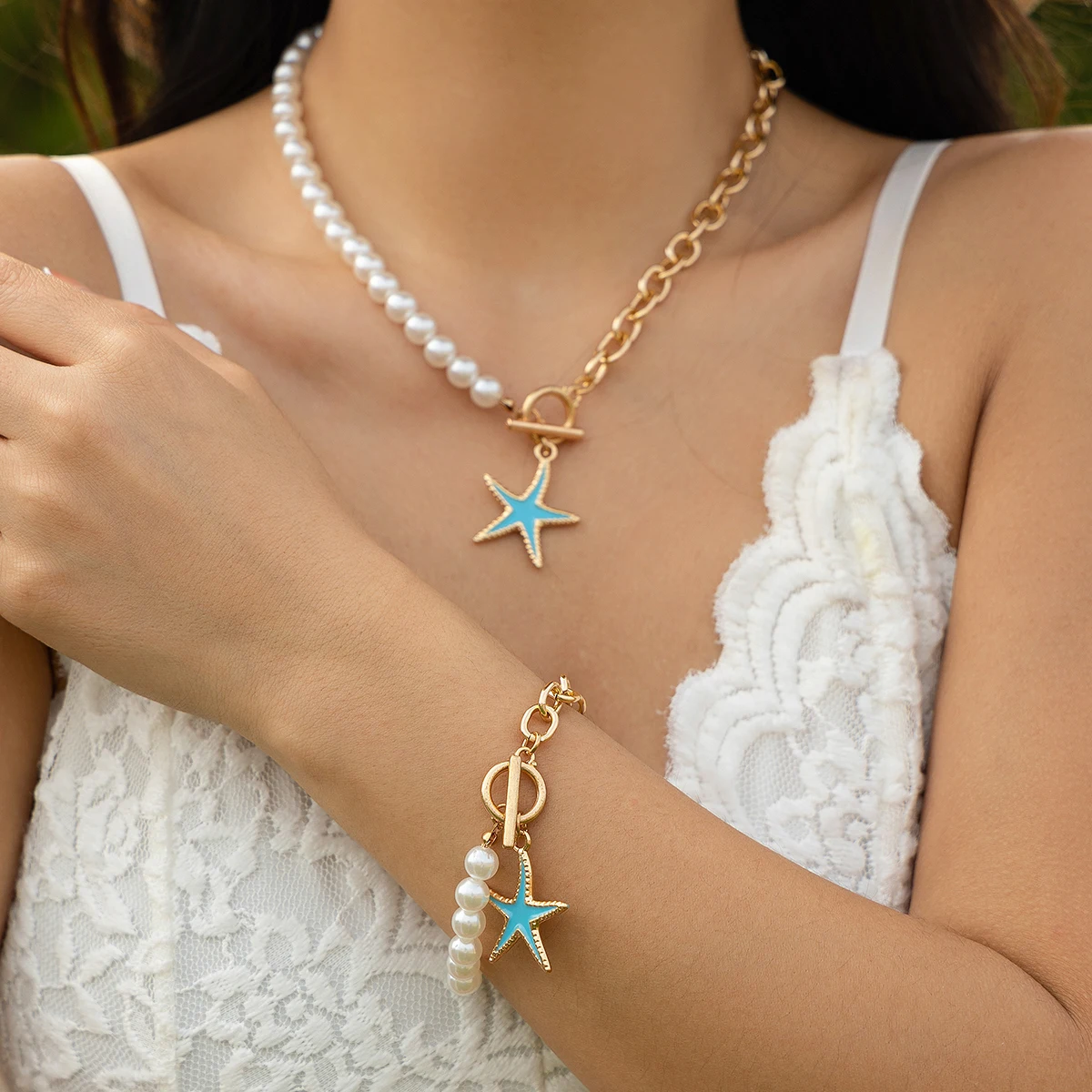 

Salircon Elegant Five-pointed Star Pendant Imitation Pearl Clavicle Chain Necklace and Bracelet Set for Women Accessories Gift