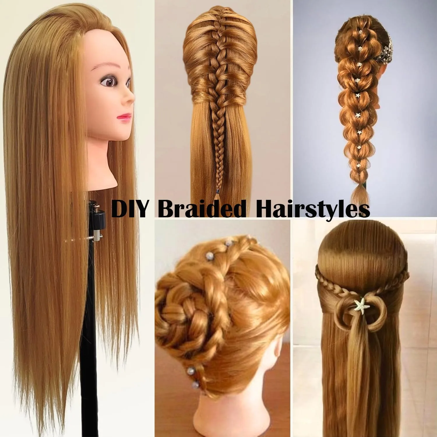 Long Straight Synthetic Hair Mannequin Head For DIY Braid Styling Practice Cosmetology Manikin Doll Head With Hairdressing Tools