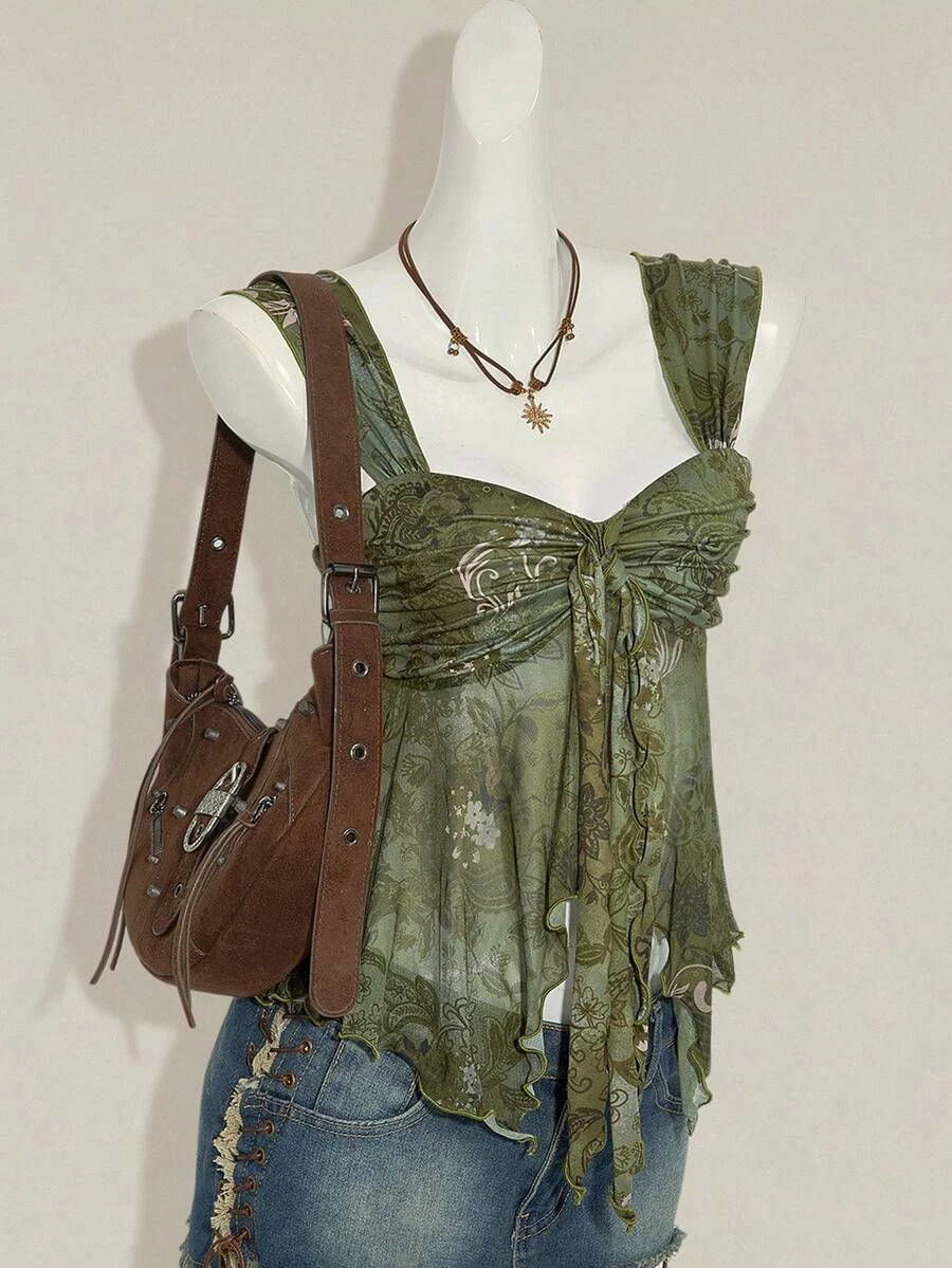 Casual Sweetheart Neck Ruffle Trim Mesh Tank Top. Sd2df8f4eeb9a4f5e8eb76852d9f227b9g