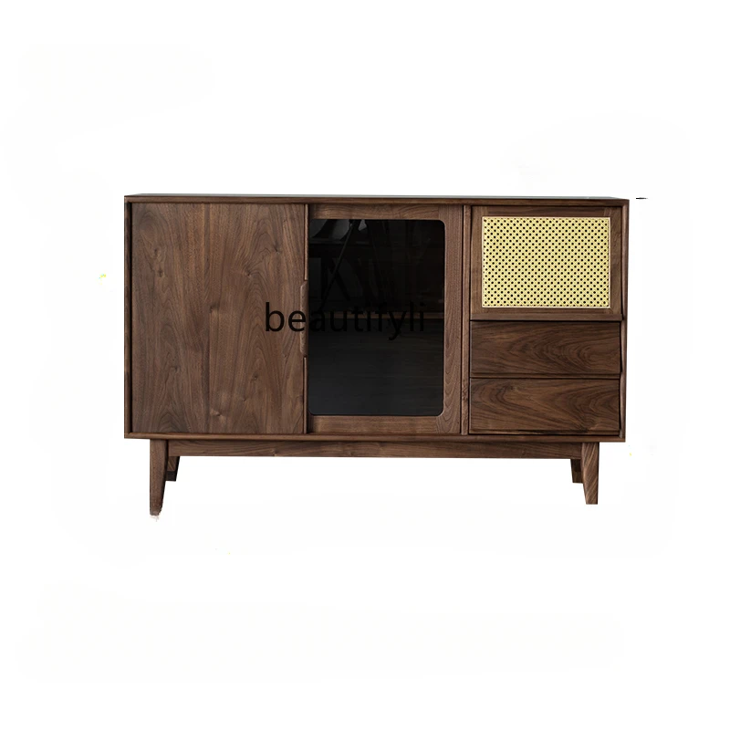 

North America Black Walnut Wood Sideboard Cabinet Cherrywood Side Cabinet with Light Storage Tea and Wine Cabinet Low Cabinet