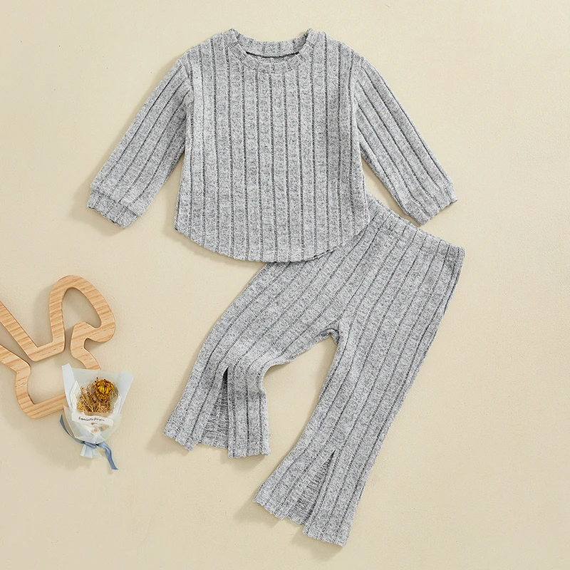 Autumn Kids Girl Fall Knit Outfit Solid Color Ribbed Long Sleeve Tops Flare Pants Clothes Set