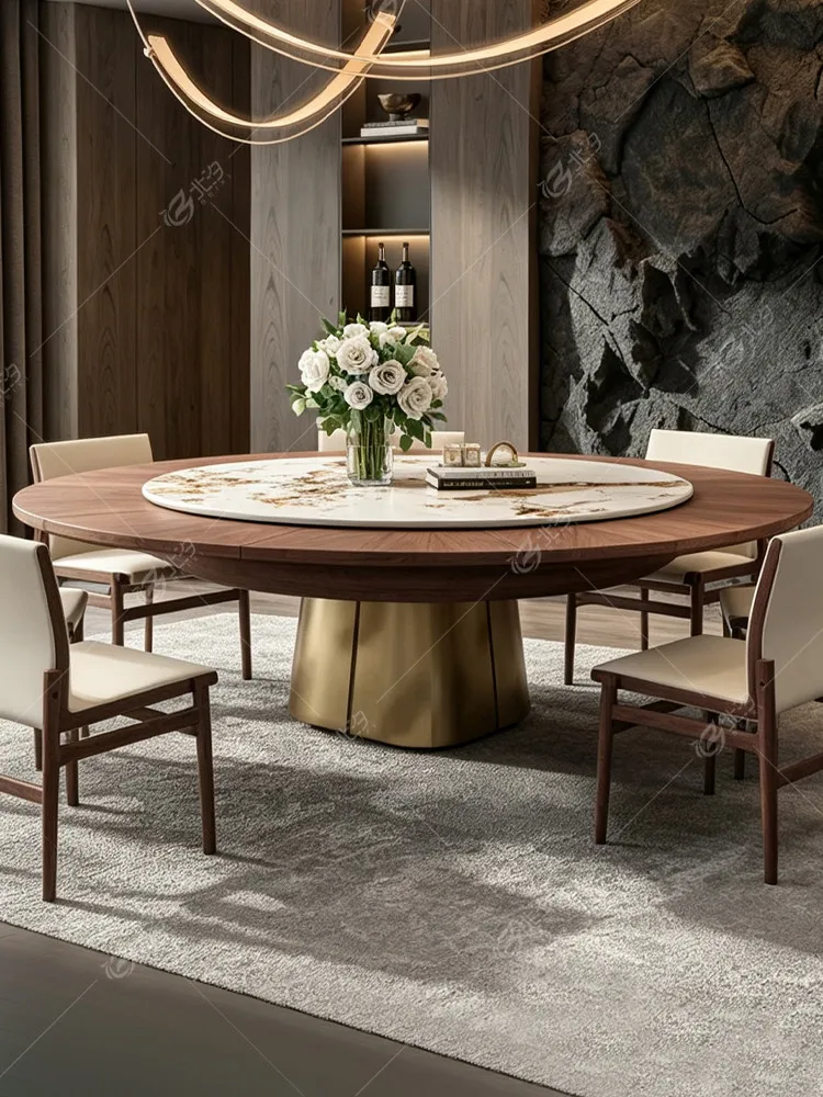 Rock slab dining table can be retractable and enlarged, round table deformed and rotating household becomes larger, electric