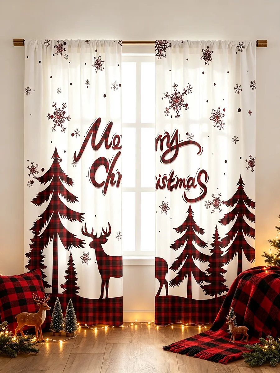 Red Black Plaid Pine Tree Reindeer Curtains, Rod Pocket, Polyester, Home Decor, Bedroom Living Room, Merry Christmas, Home Decor