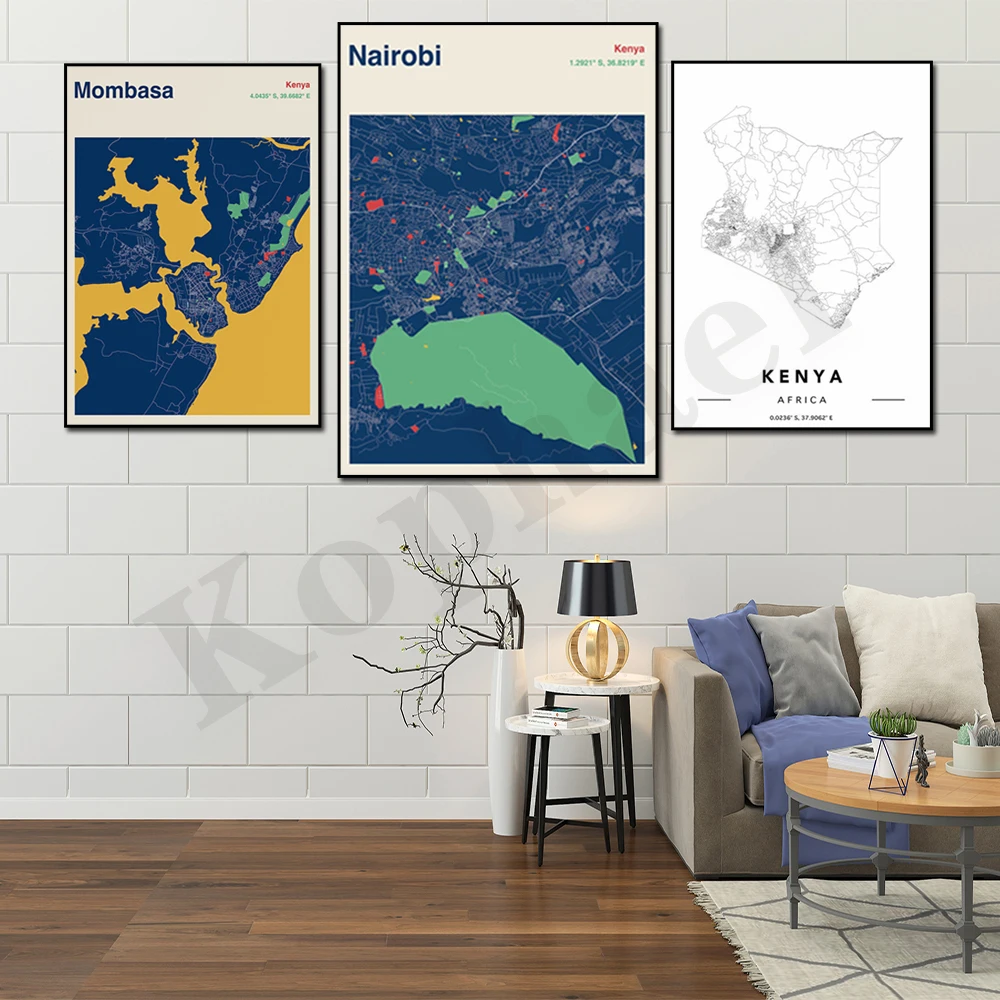 Kenia. Nairobi. Mombasa. Mapa de colores de la ciudad. Póster decorativo de arte de pared