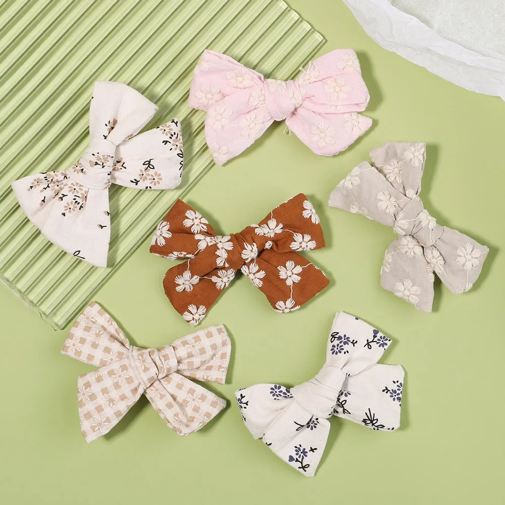 10Pcs/Set Flower Print Bow Hair Clips For Kids Girls Floral Embroidery Bowknot Barrettes Headwear Hair Accessories Wholesale