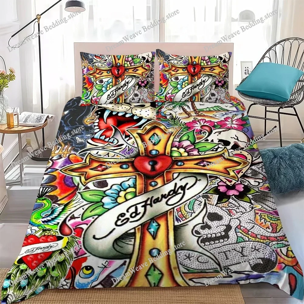 Fashion E-Ed H-Hardy Duvet Cover Set Home Style Bedding Soft Laundry Cotton Bed Student Dormitory Gift