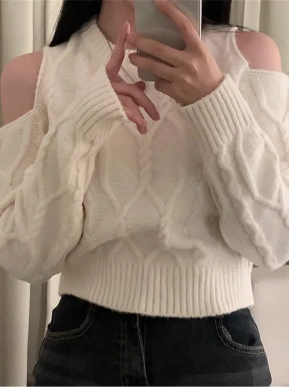 

Шикарный винтажный вязаный свитер с открытыми плечами, женский топ Long Sve Turtlene ort Pure Desire, весенне-осенний прямой крой