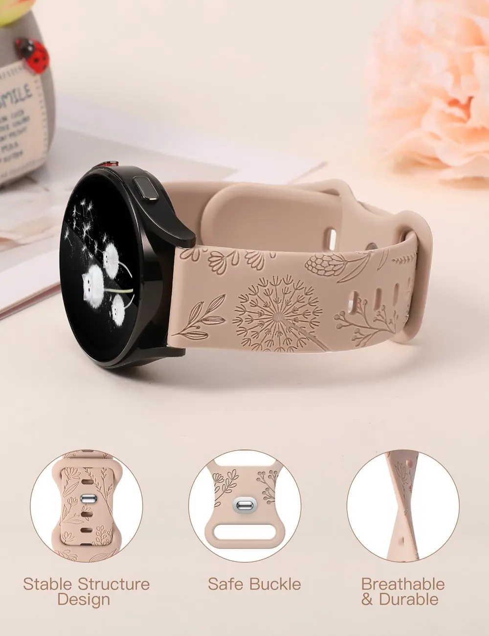 Wearlizer Dandelion Floral Engraved Band for Samsung Galaxy Watch 7/6/5/4 Women Silicone Fancy Cute Strap for Watch 6 Classic