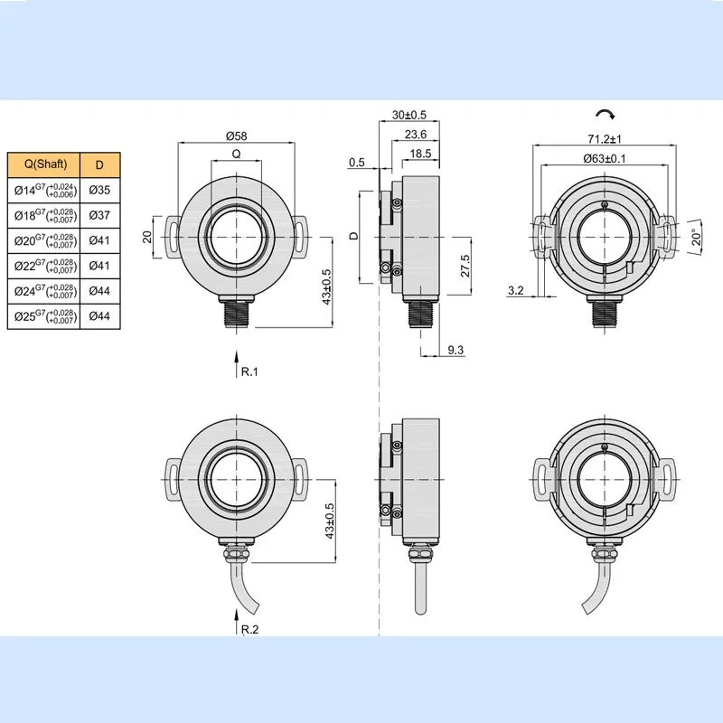KJ58 Advanced Effective Single Loop 14 25mm Hole Absolute Encoder with 256 Gray and B-in Code P-NP Output Clamping Flange