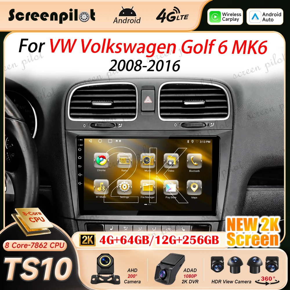 Android 16 Car Radio Stereo For VW Volkswagen Golf 6 MK6 2008 2009 2010-2016 2K QLED Multimidia Player GPS Carplay Android Auto