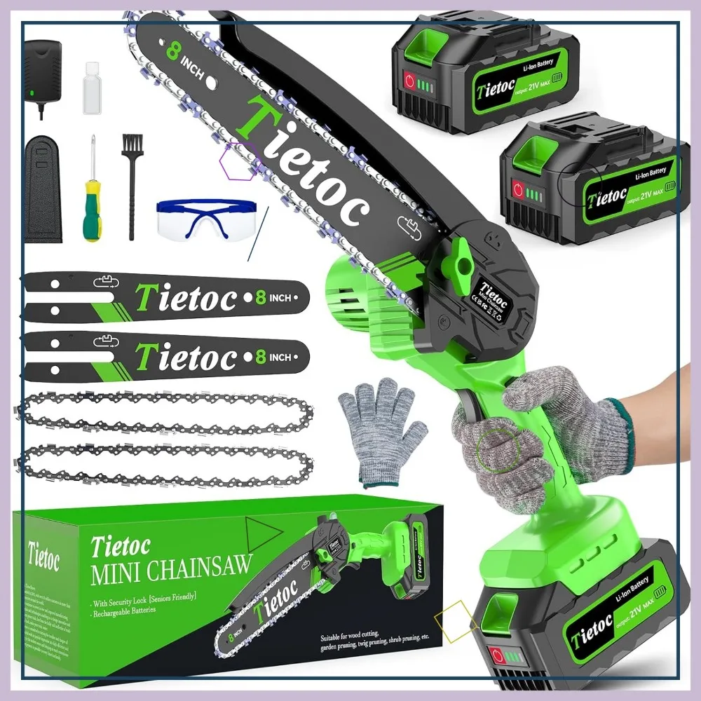 8インチコードレスミニチェーンソー、バッテリー2個付き、家庭や庭用の軽量ハンドヘルドソー