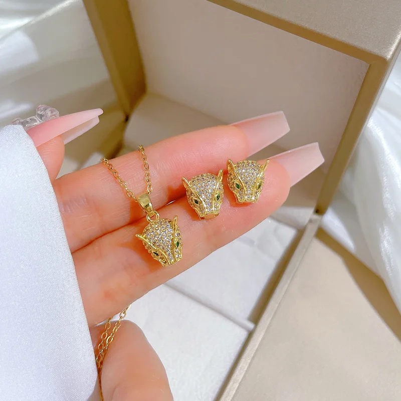 Micro Paved Crystal Leopard Stud Earrings Necklace Set for Women Gold Color Stainless Steel Personality Jewelry Sets 2023 New