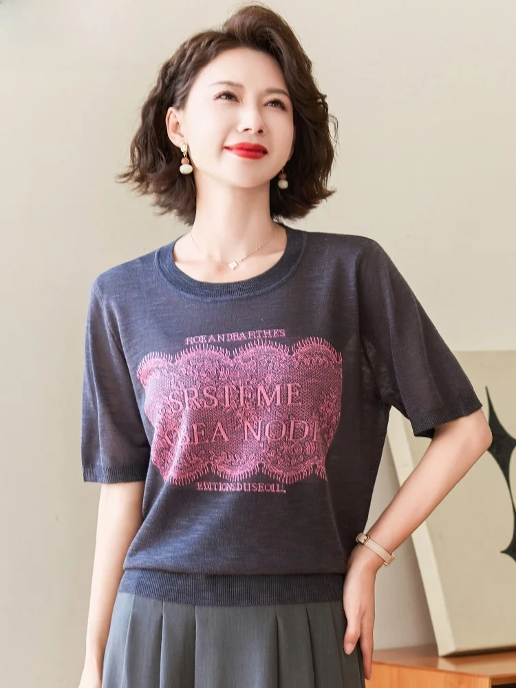 

Faionable Mom Summer Knitwear Ice Silk ort Sve Mid-aged Women's Clothing Anti-aging Top Korean Sle Loose Fit round Ne