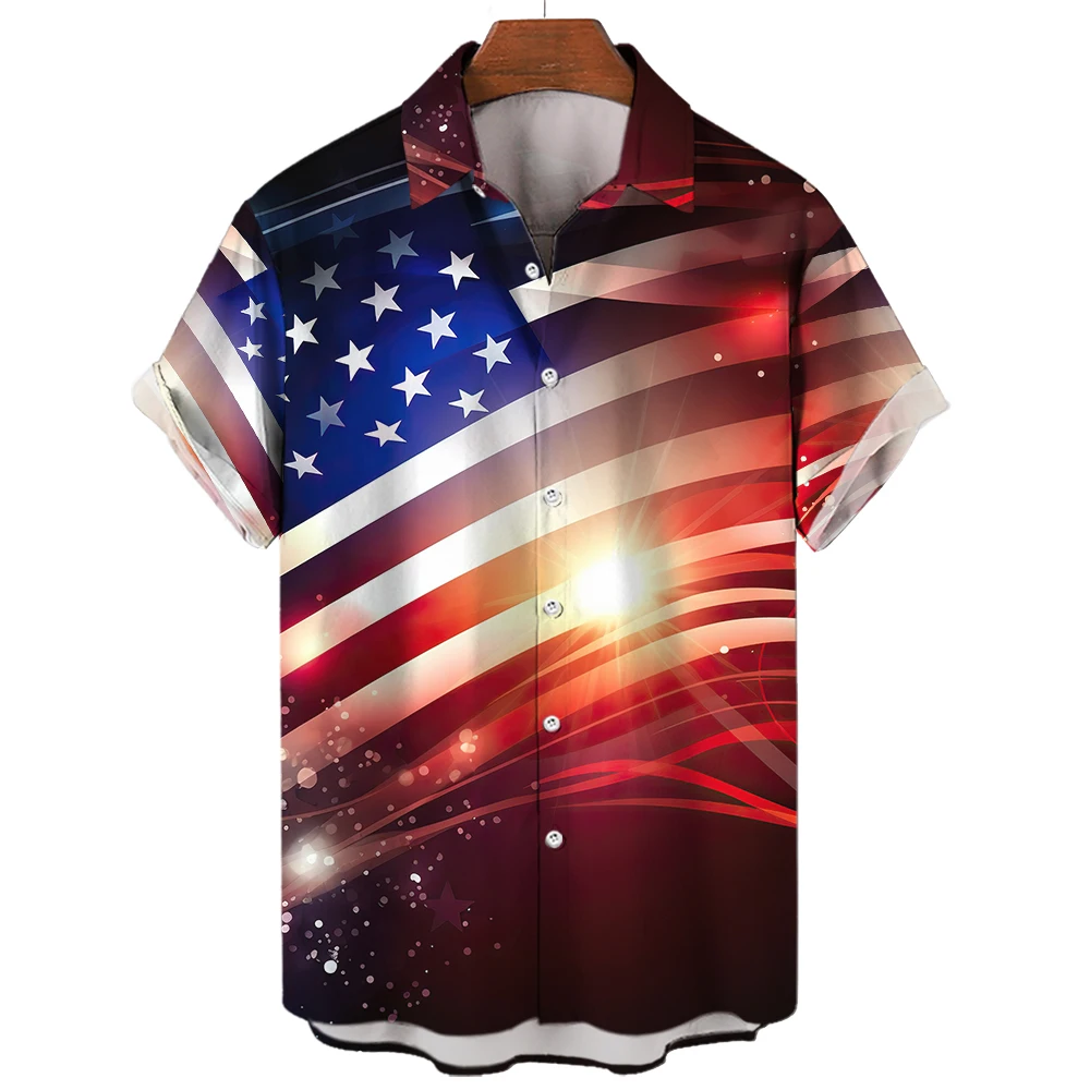 Camisa estampada com bandeira americana masculina, lapela, manga curta, tops da moda, roupas de rua, plus size, moda casual, 2023, novo