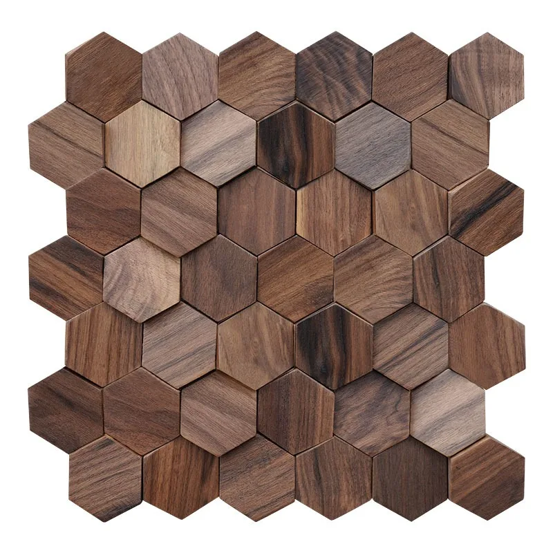 11PCS Hexagon 3D Wood Wall Art Black Walnut Metal Mosaic Tile Teahouse TV Background Interior Decor Wall Stickers view 6
