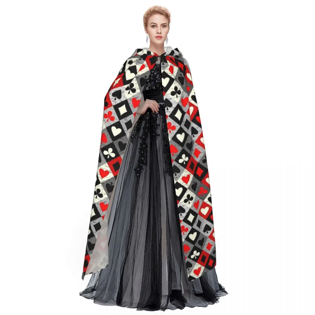 الآس من الماس أوراق اللعب قلوب البستوني طويل مقنعين عباءة الساحرة القرون الوسطى زي تأثيري كيب HalloweenParty الكبار للجنسين #2