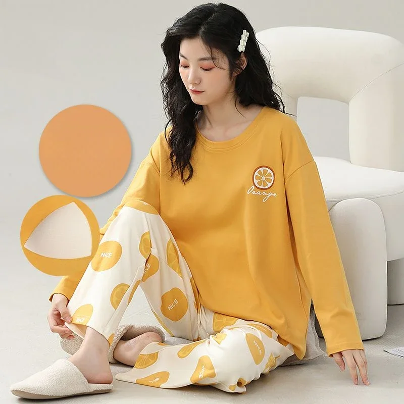 2024 New Cotton Pajamas Women's Set Spring Autumn Winter Sexy Plus Size Homewear Summer Long Sleeved with Chest Pads Sleepwear