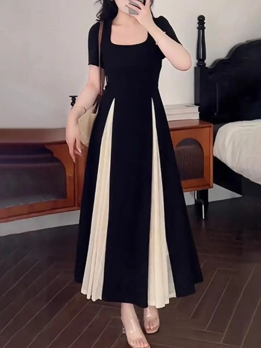 

Women's Big Size Contrasting Color Patchwork Dress Square Neck Short Sleeve Slim Fit Dresses Elegant Temperament Office Wear