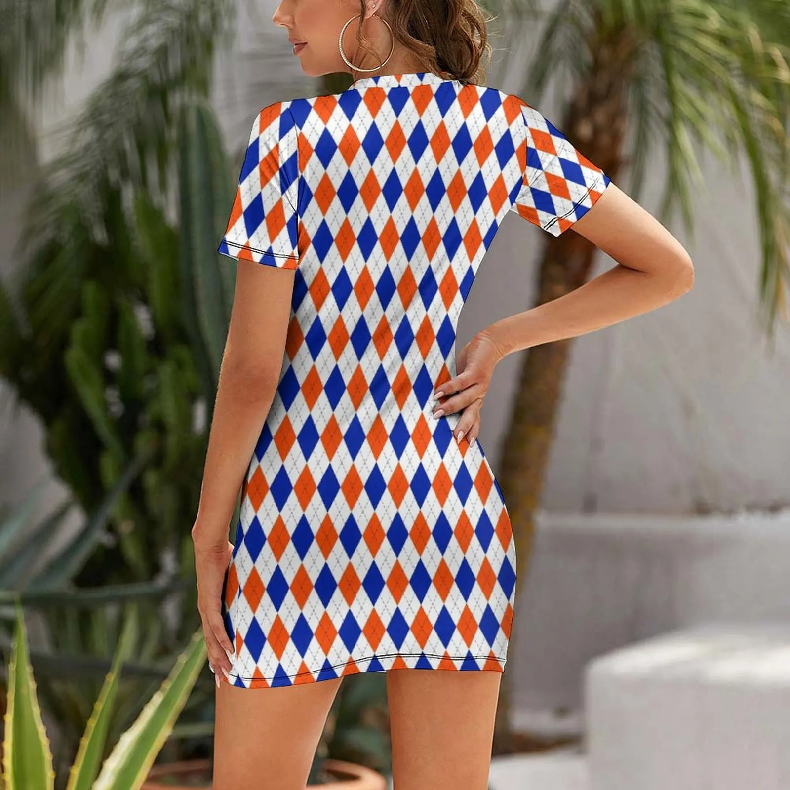 Orange and Blue Traditional Argyle All Over Print Short Sleeved Dress wedding dresses for parties women evening dress