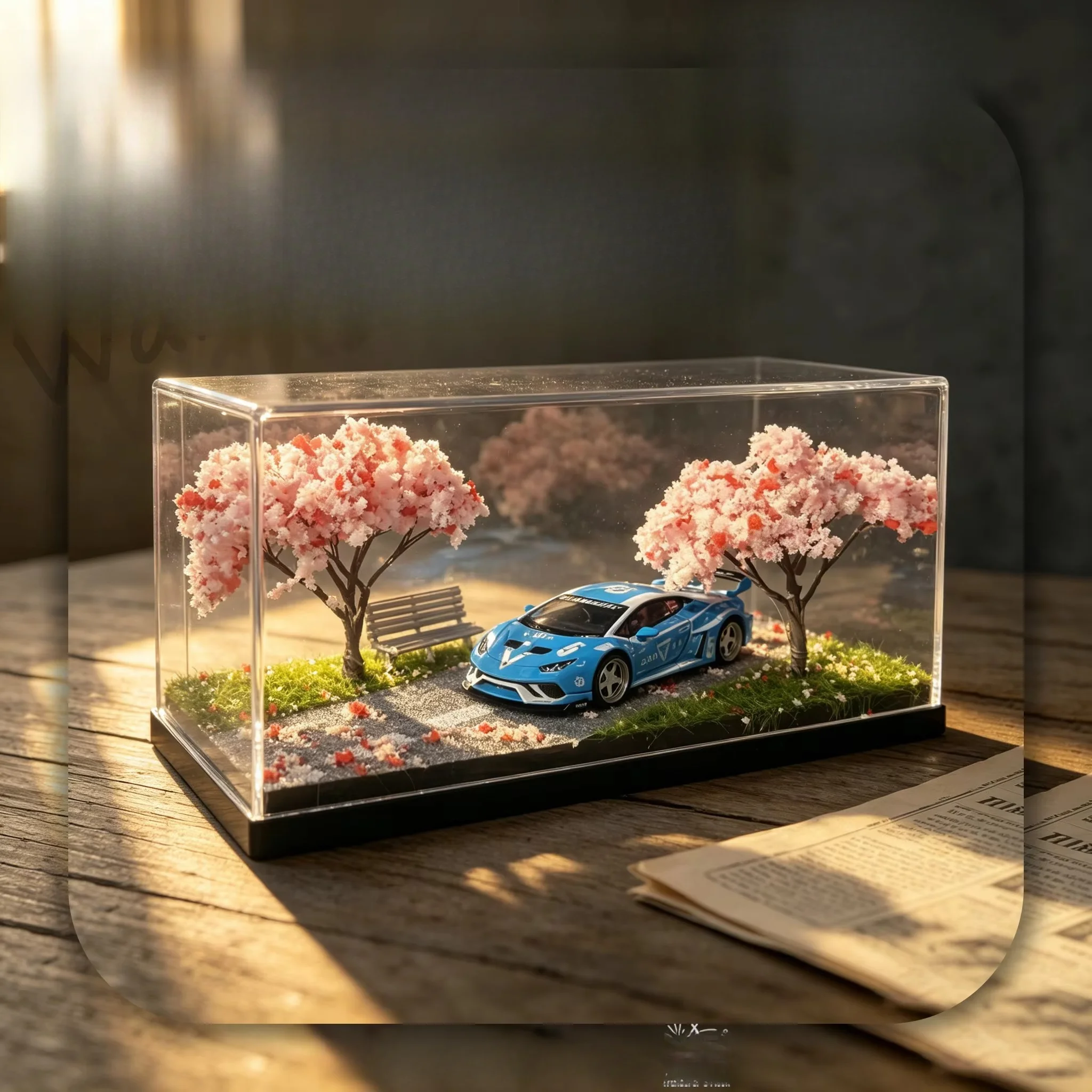 1:64 Cherry Blossom Diorama Car Model Mini Scene Acrylic Display Box Desktop Mini Ornament Male Collect Gift