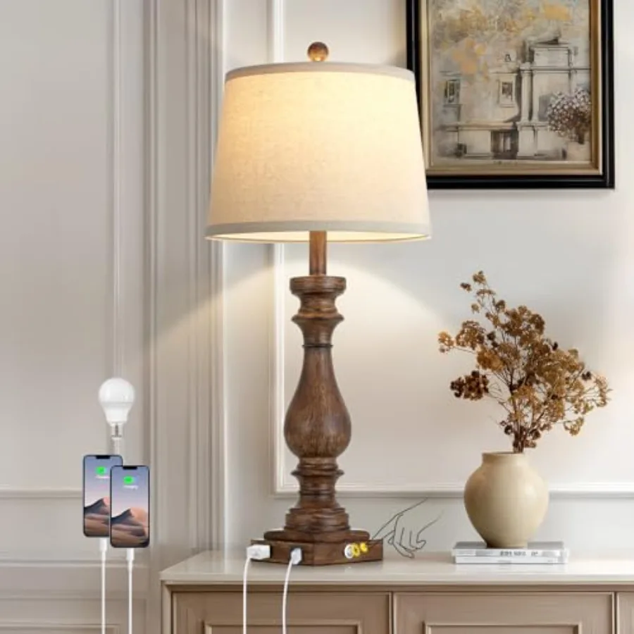 

29" Tall Farmhouse Table Lamp for Living Room, Vintage Retro Nightstand Lamps with USB C+A Ports and AC Outlet, 3-Way Dimmable