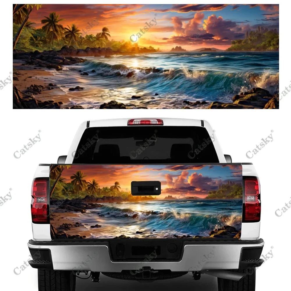 Sunset Beach Palm Trees Waves Truck Tailgate Wrap Professional Grade Material Universal Fit for Full Size Trucks Weatherproof