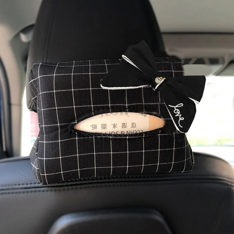 Classic Check Car Tissue Box For Back Seat Headrest Hanging Storage Bag Cute Bowknot Universal Auto Seat Armrest Paper Holder