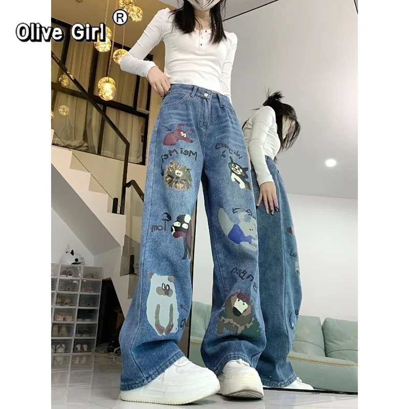 Olivegirl jean rétro américain imprimé Graffiti pantalon femme printemps taille haute pantalon ample jambe droite pantalon large décontracté